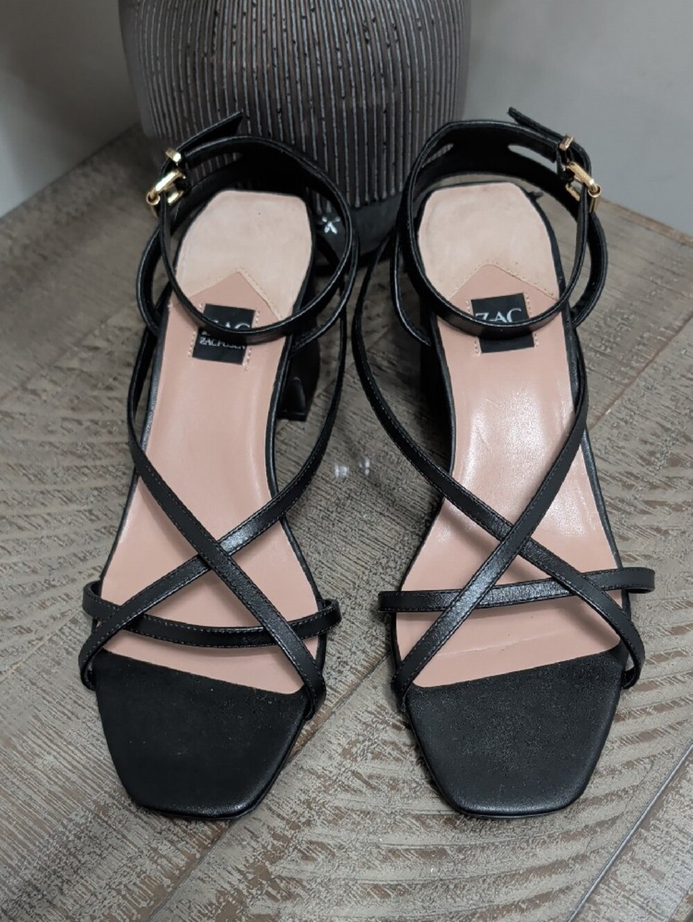 ZAC Zac Posen Black Leather Square-Toe Ankle Strap Sandals - Picture 2 of 6